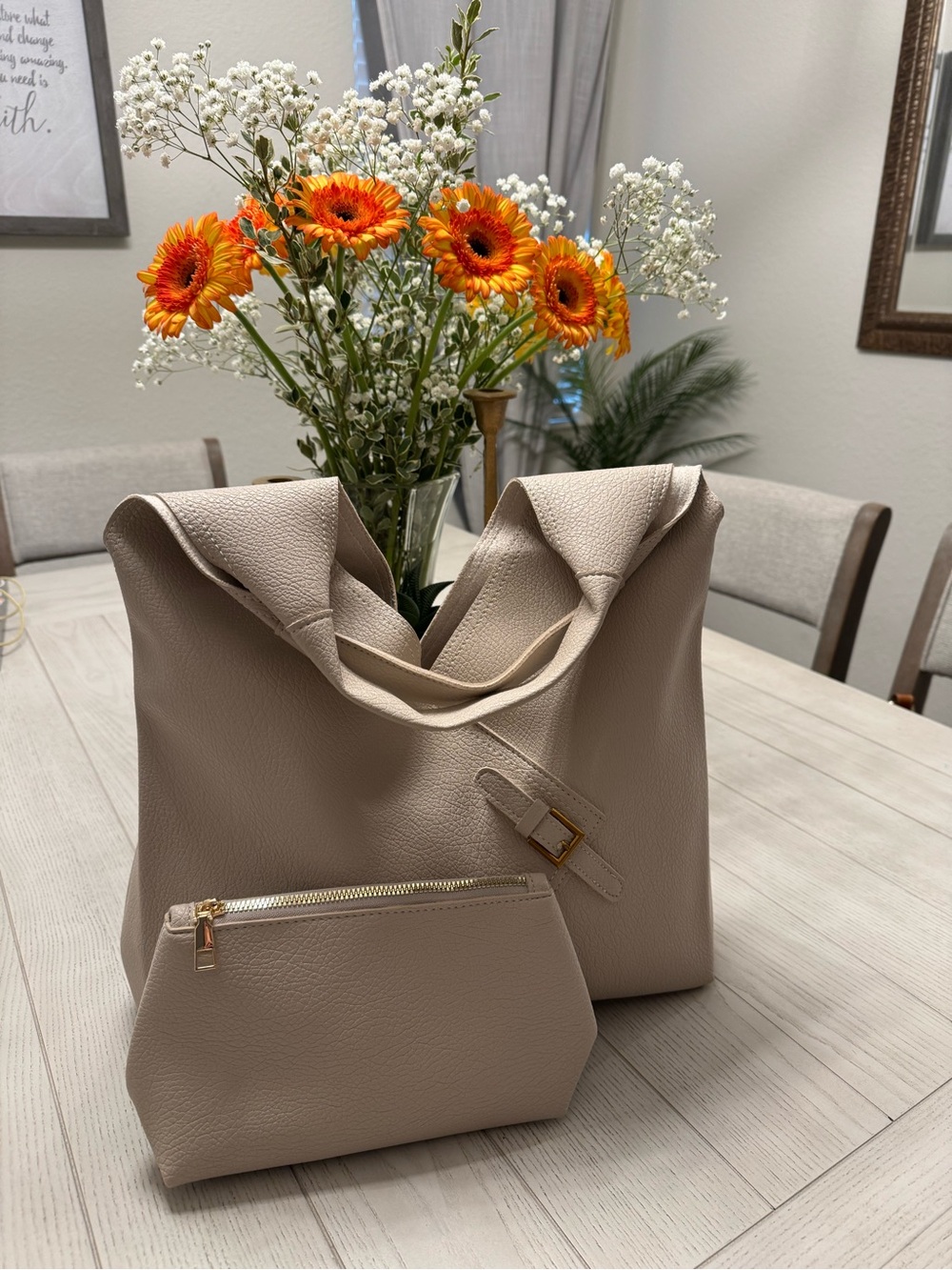 Neutral Taupe Tote Bag with Matching Pouch - Soft Pebbled Leather Look